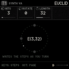 The EUCLID page: a pattern drawn as a ring of its steps, E(hits, length) in the middle