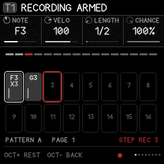 Step recording: a chord of three on step 1, a note on step 2, the red cursor on step 3