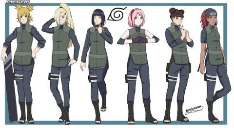 6 personagens do anime naruto shippuden, da esquerda para direita temos a temari com cabelos cacheados loiros amarrados em dois coques laterais e uma franja lateral, a Ino com cabelos loiros longos amarrados em rabo de cavalo e com franja média lateral, a hinata com cabelos pretos médios com franja reta curta, sakura com cabelos rosas chanel com faixa vermelha amarrada, tenten com cabelos pretos lisos presos em e dois coques laterais e karui com cabelos vermelhos cacheados médios com um lenço amarrado, todas vestem traje de batalha das kunoichi,, ao fundo a cidade de toquio a noite e uma lua crescente