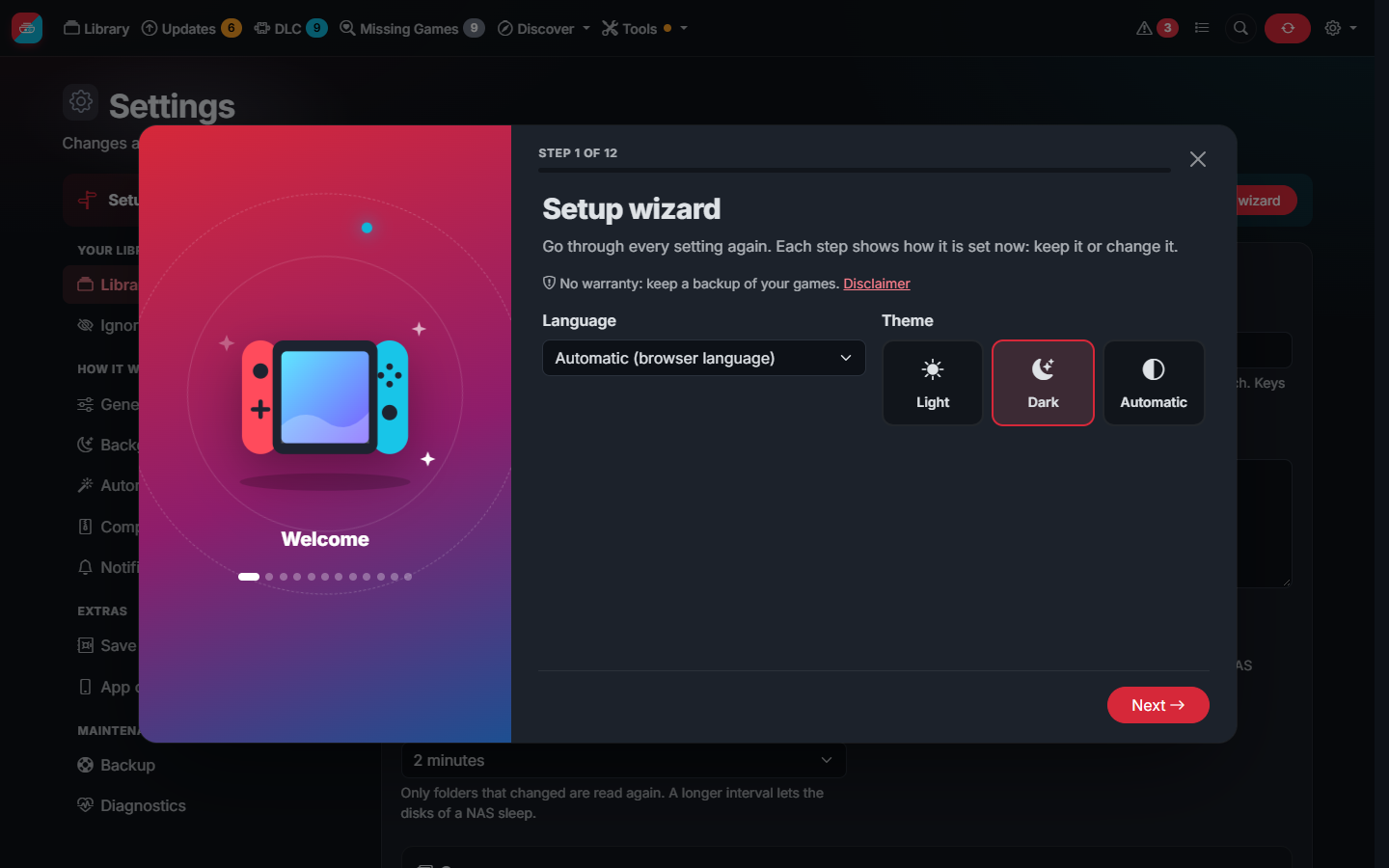 The setup wizard of the first start
