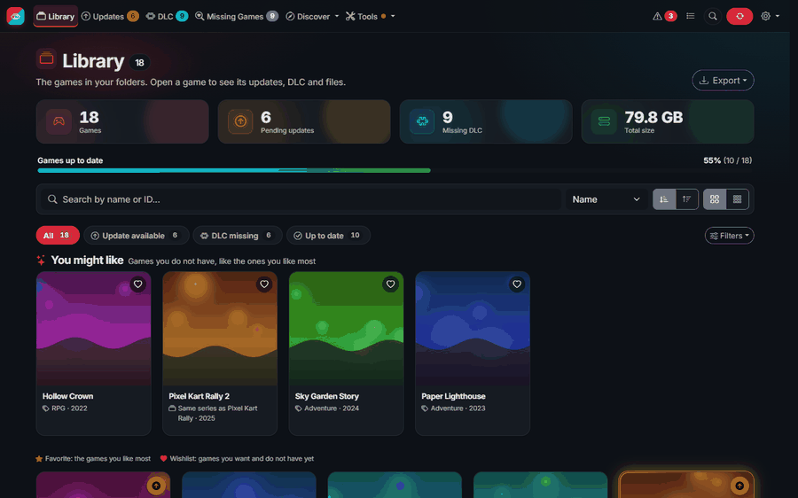 A short tour: the library with the card cursor, a game page, updates, upcoming releases, series, statistics and Compress