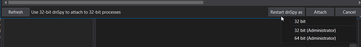 Example in 32-bit dnSpy to restart as 64-bit in the attach screen