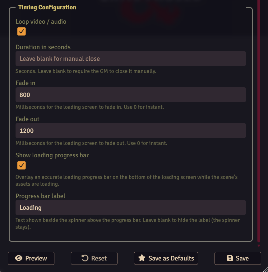 Loading screen timing options