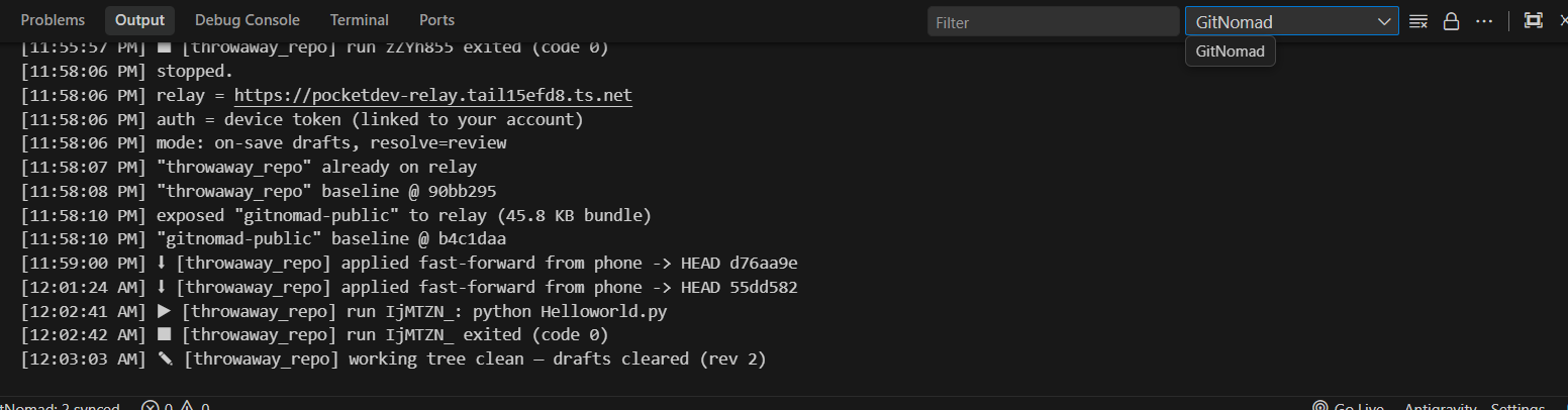 GitNomad output log