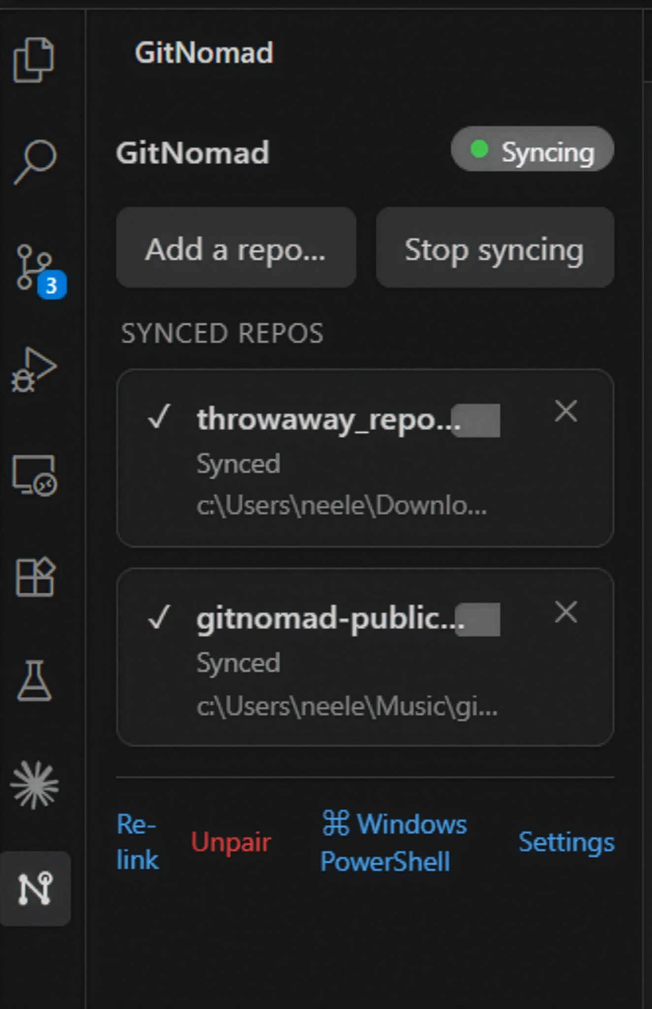 GitNomad sidebar showing synced repos