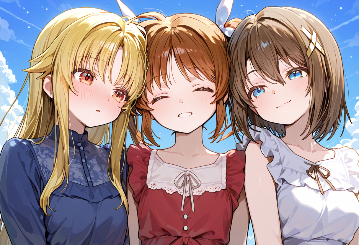3girls, side-by-side, upper body, blue sky, masterpiece, best quality, BREAK fate testarossa, straight hair, blue dress, nose blush, averting eyes, BREAK takamachi nanoha, short twintails, red dress, closed eyes, BREAK yagami hayate, white dress, naughty face, smug