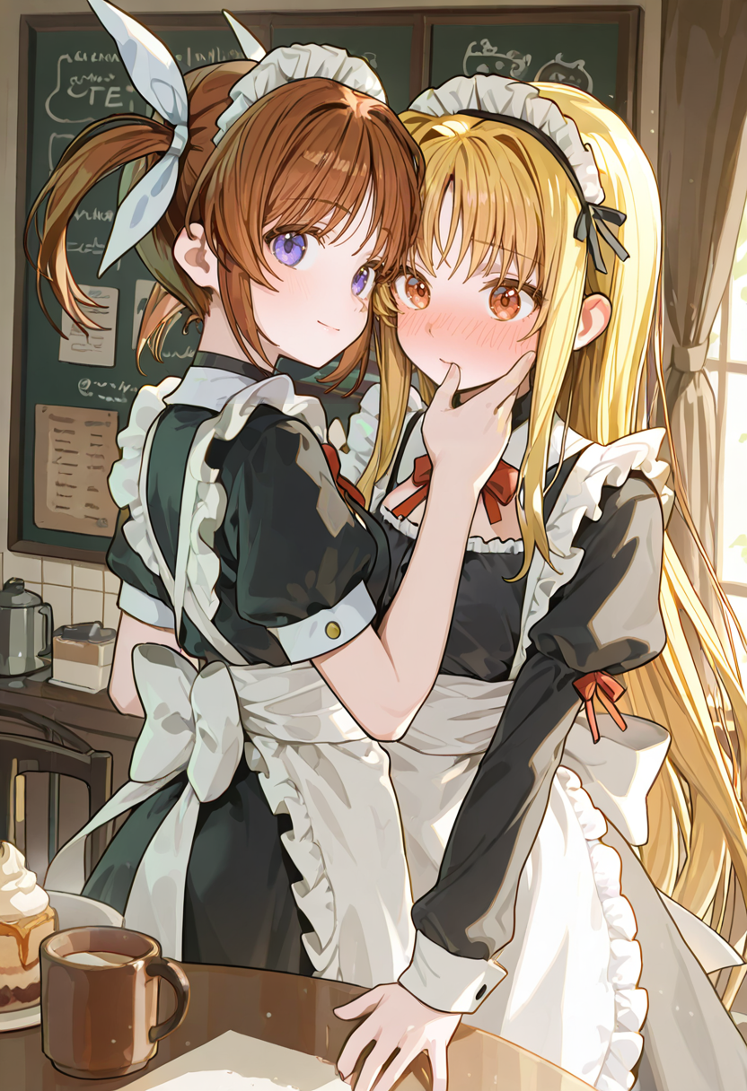 2girls, maid, cafe, masterpiece, best quality, BREAK takamachi nanoha, short twintails, light smile, BREAK fate testarossa, straight hair, nose blush
