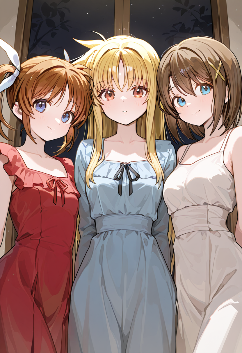 3girls, side-by-side, masterpiece, best quality, BREAK takamachi nanoha, short twintails, red dress, BREAK fate testarossa, straight hair, blue dress, BREAK yagami hayate, white dress
