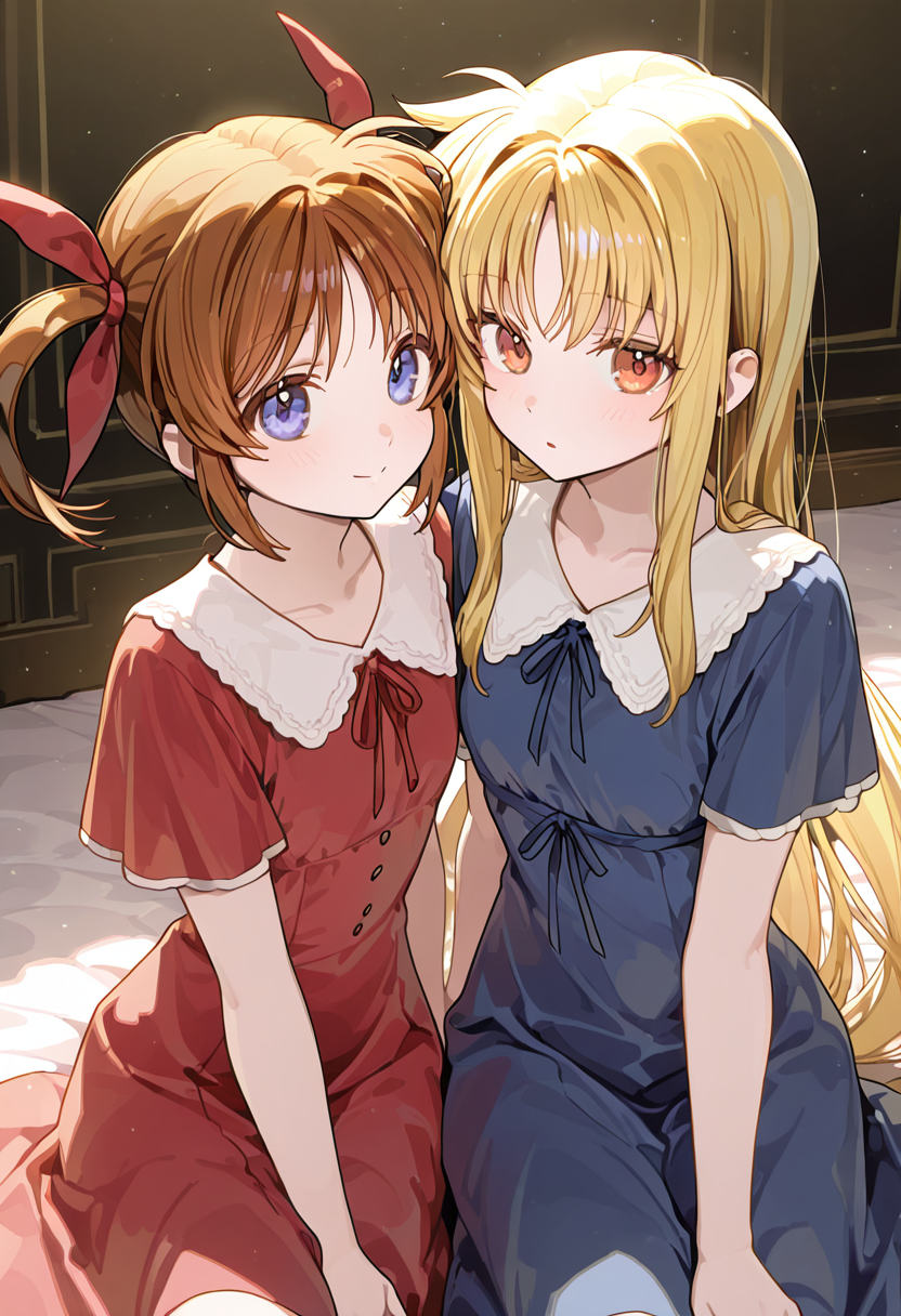 2girls, side-by-side, masterpiece, best quality, BREAK takamachi nanoha, short twintails, red dress, BREAK fate testarossa, straight hair, blue dress