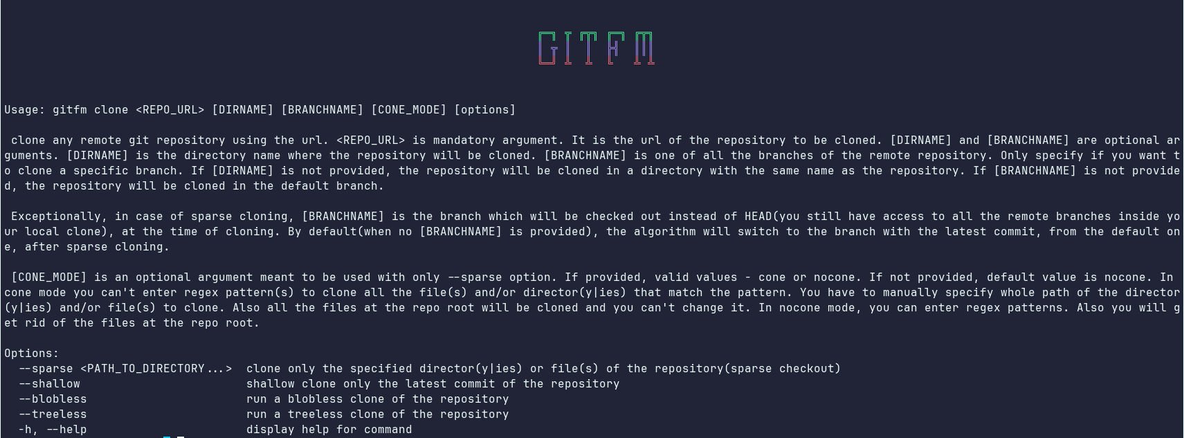 screenshot of the clone command helptext