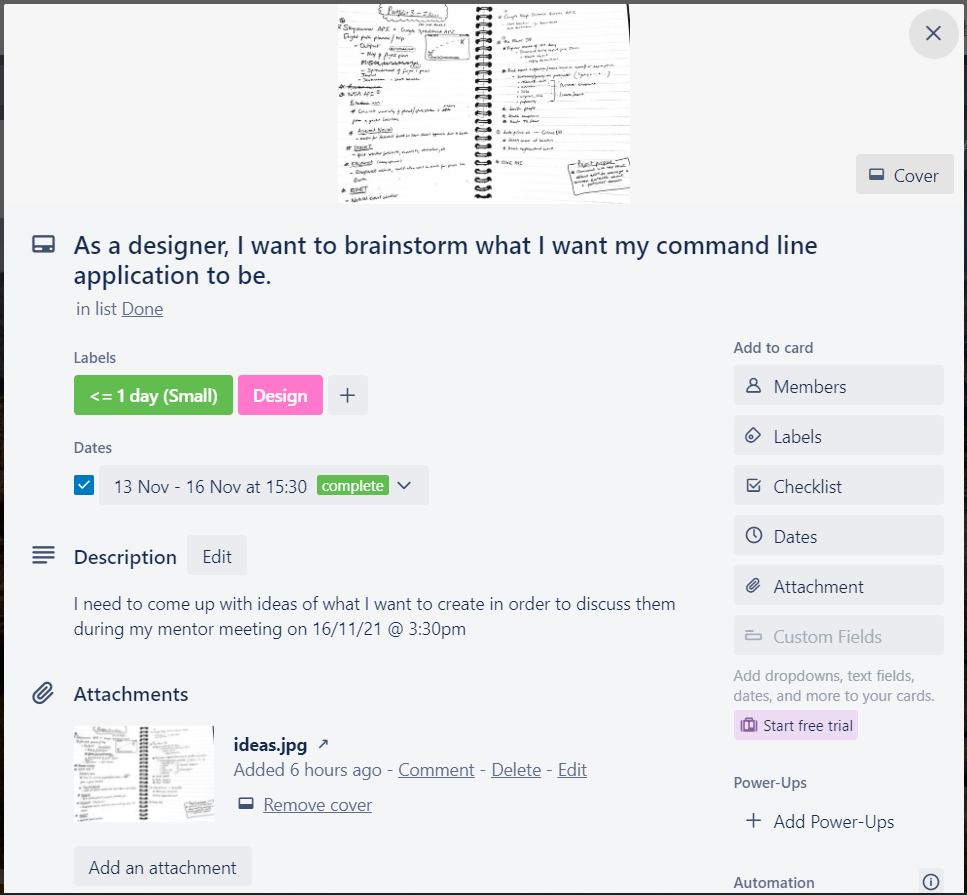 Screenshot of first user story made in Trello