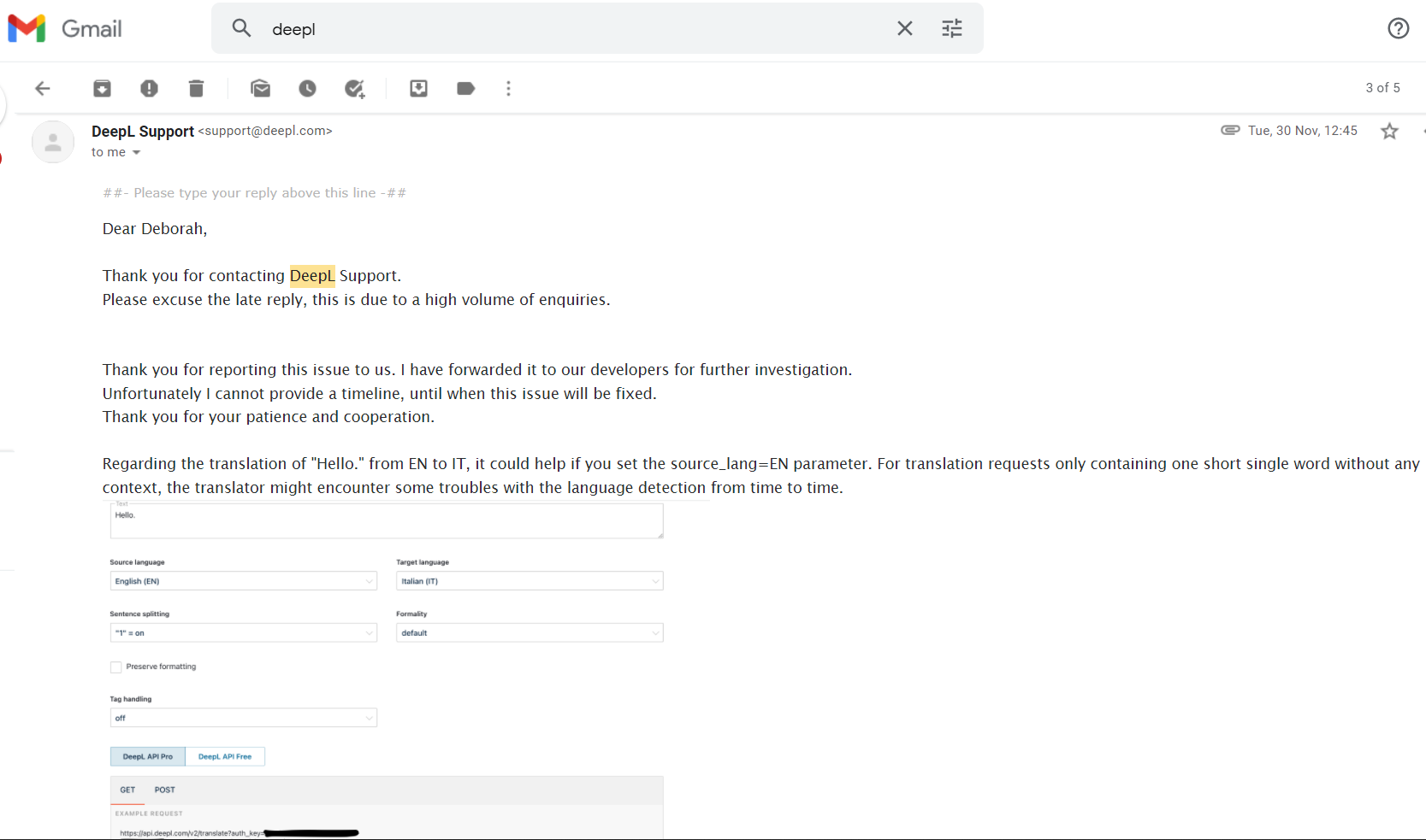 Screenshot of response from DeepL support