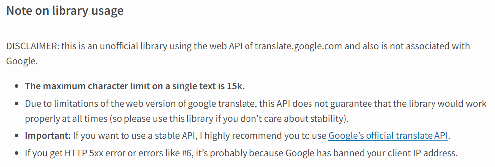 Screenshot of note from googletrans