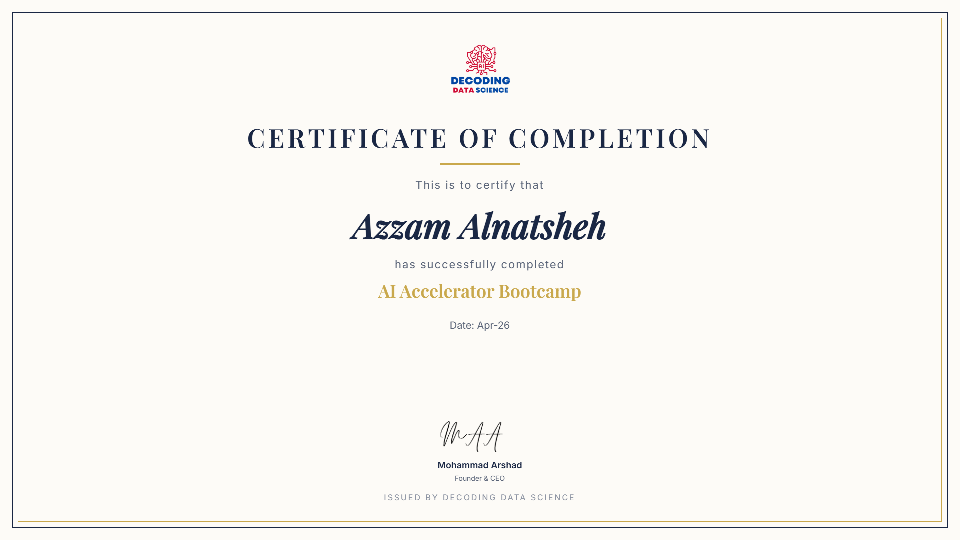 Decoding Data Science AI Bootcamp Completion Certificate