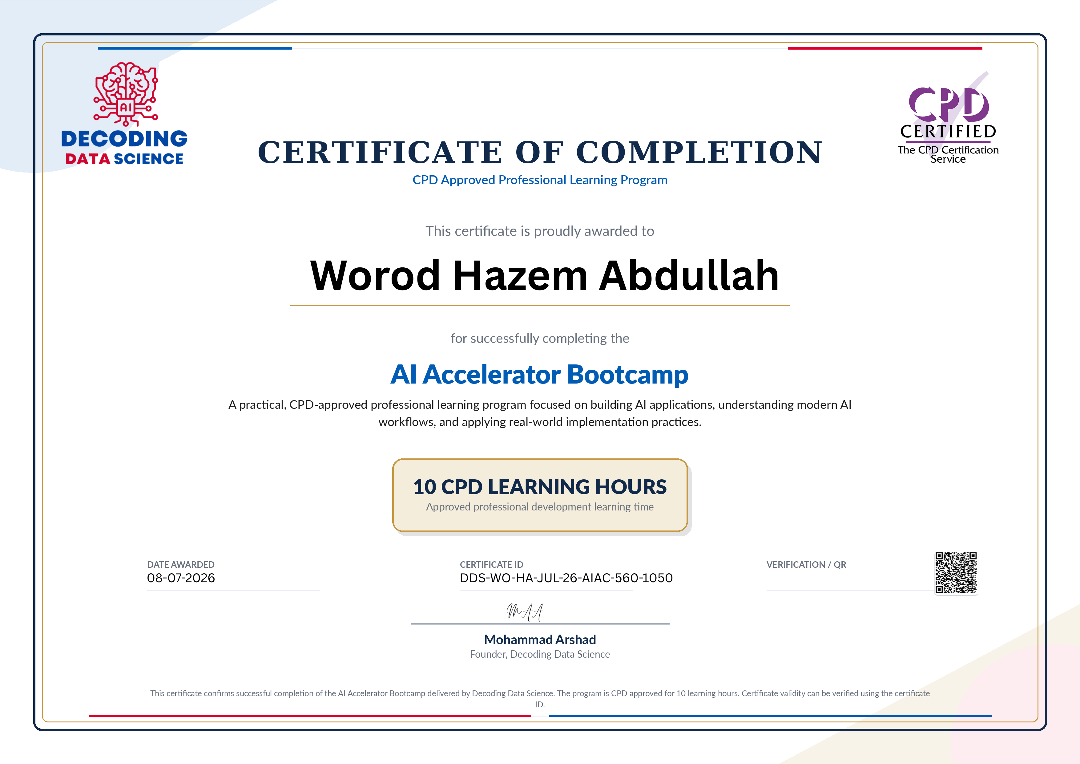 Decoding Data Science AI Bootcamp completion certificate sample