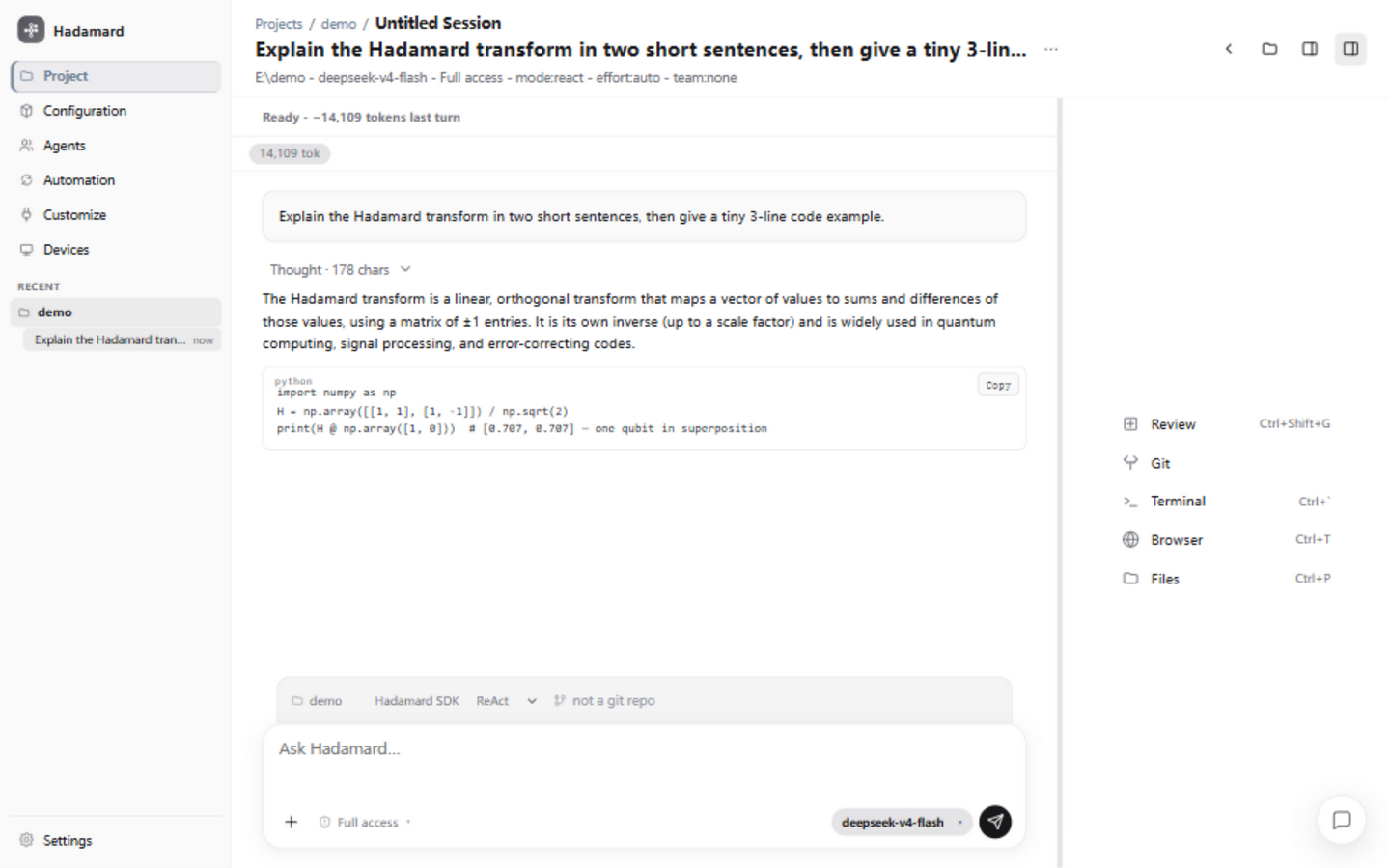 Hadamard desktop GUI — chat with a model