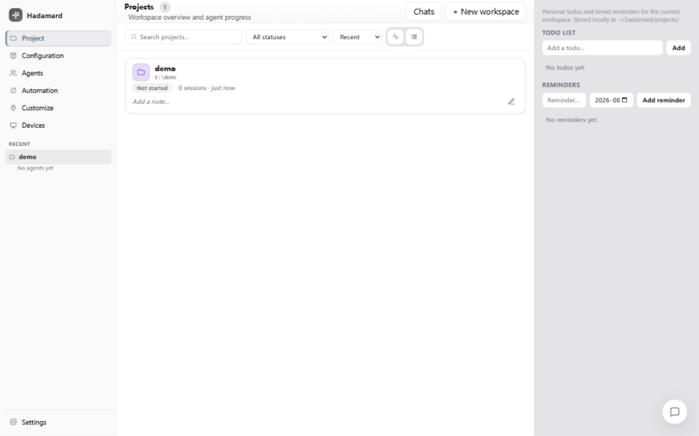 Hadamard desktop GUI — projects overview