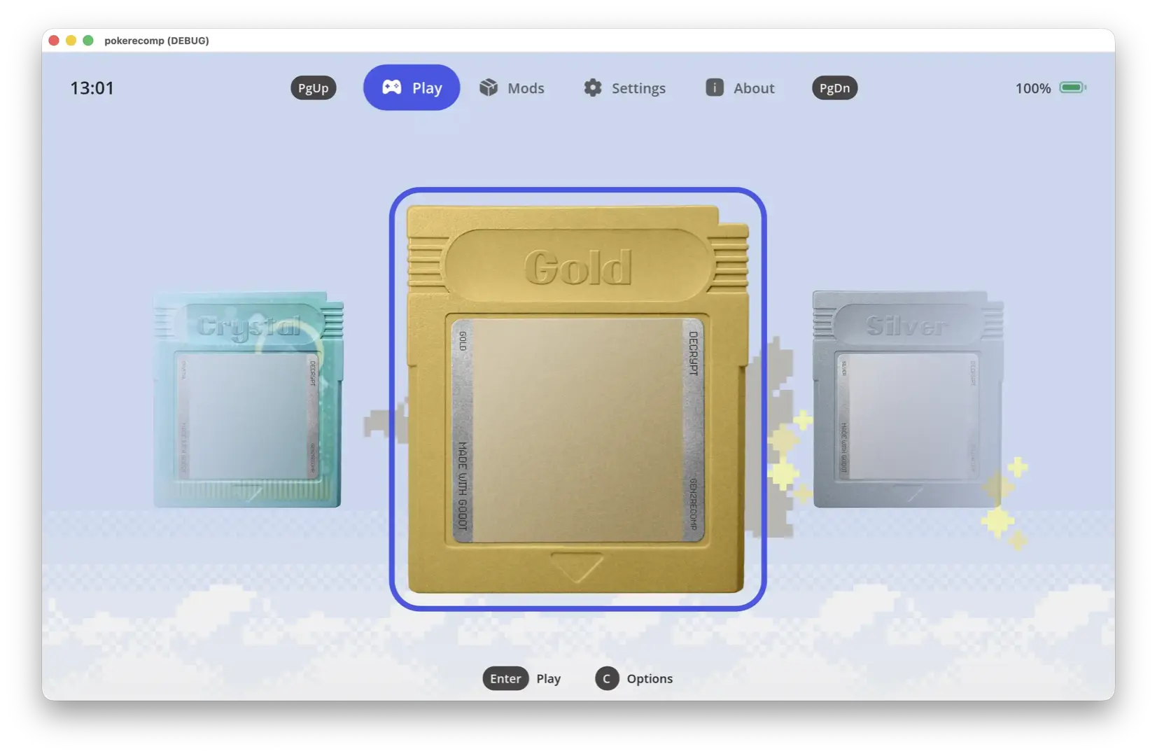 The launcher's Play page, a shelf of cartridges