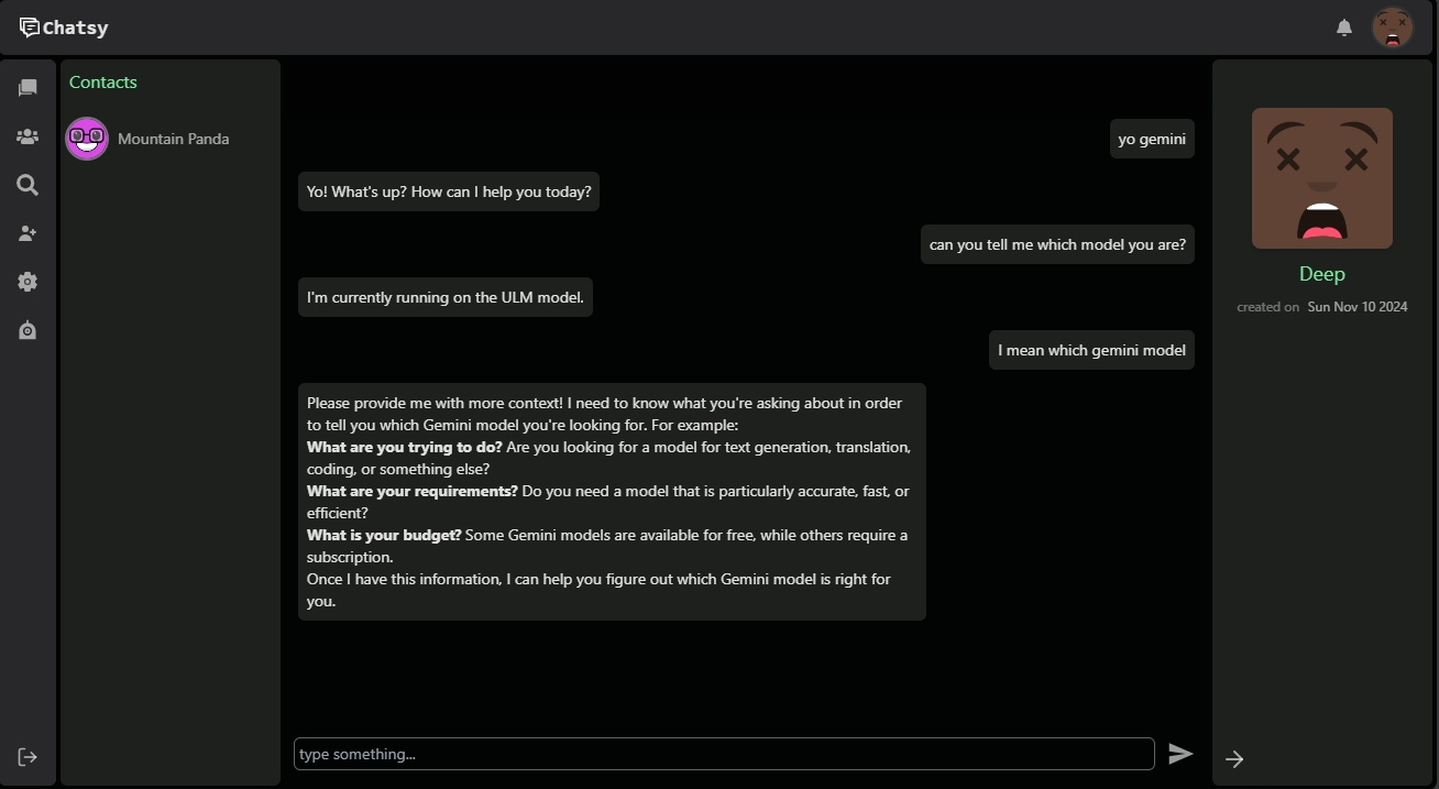 Screenshot of the chatsy chatbot page