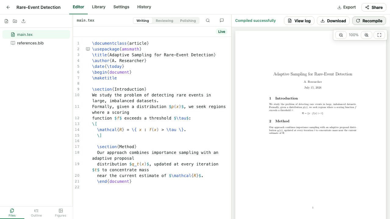 FreeLeaf's editor workspace: live LaTeX source on the left, compiled PDF preview on the right