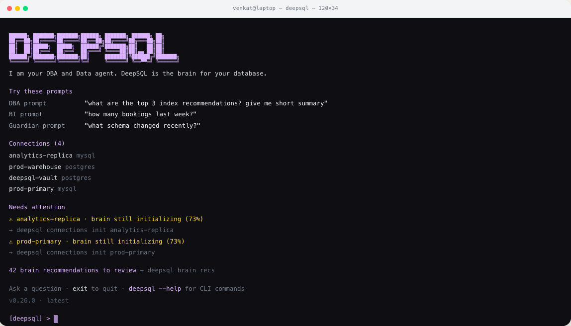 DeepSQL CLI showing suggested DBA, BI and Guardian prompts, connected databases, and brain initialization progress