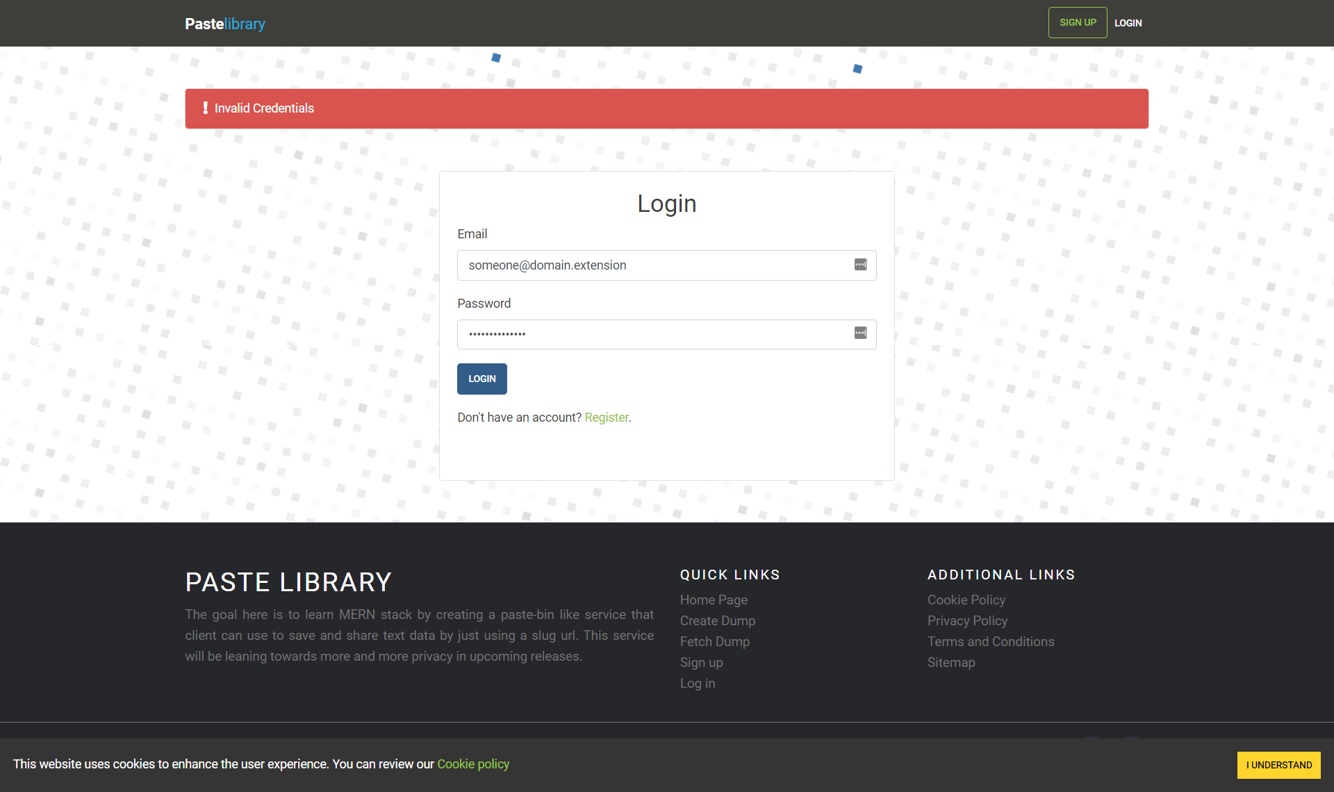 screenshot of login page