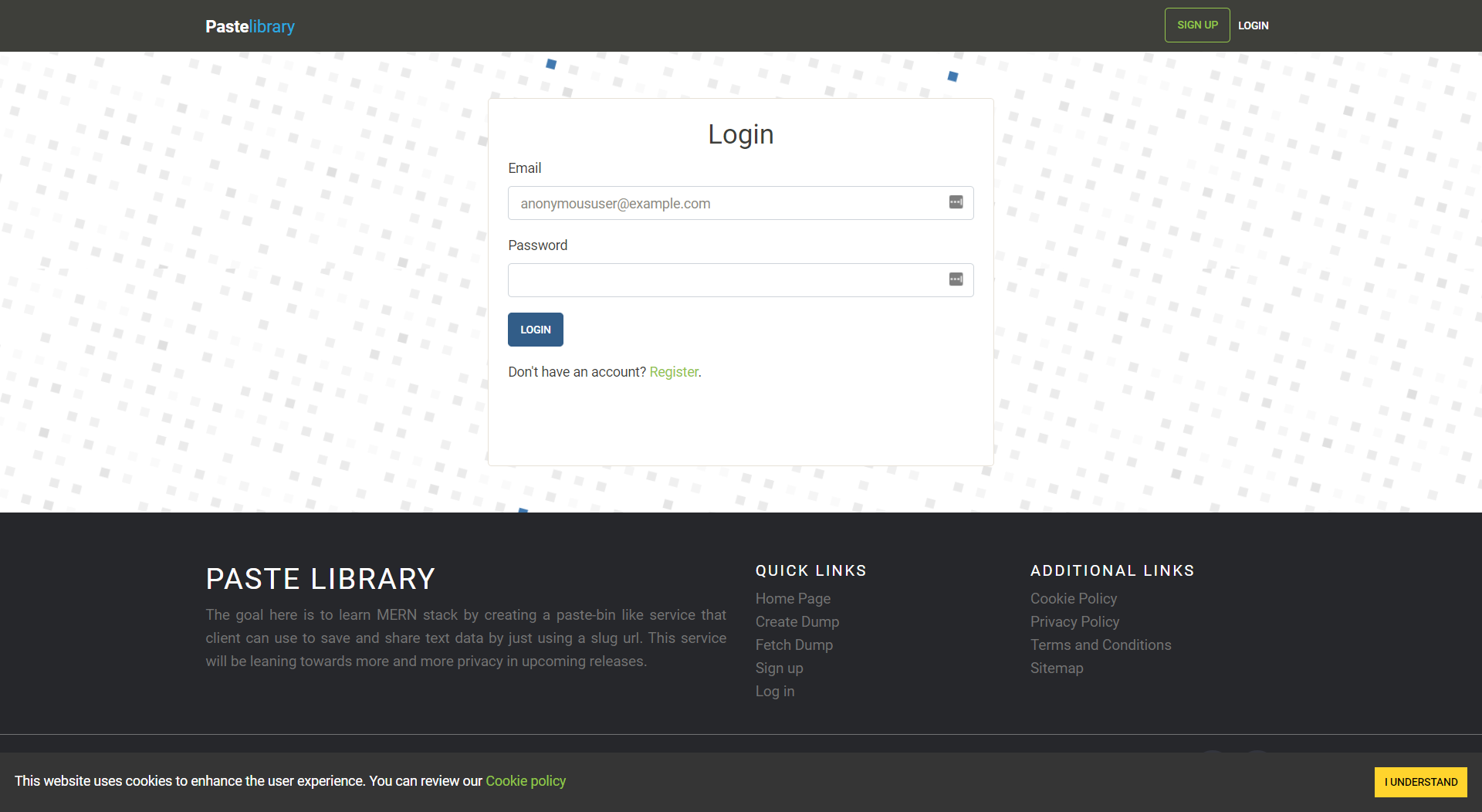 screenshot of login page