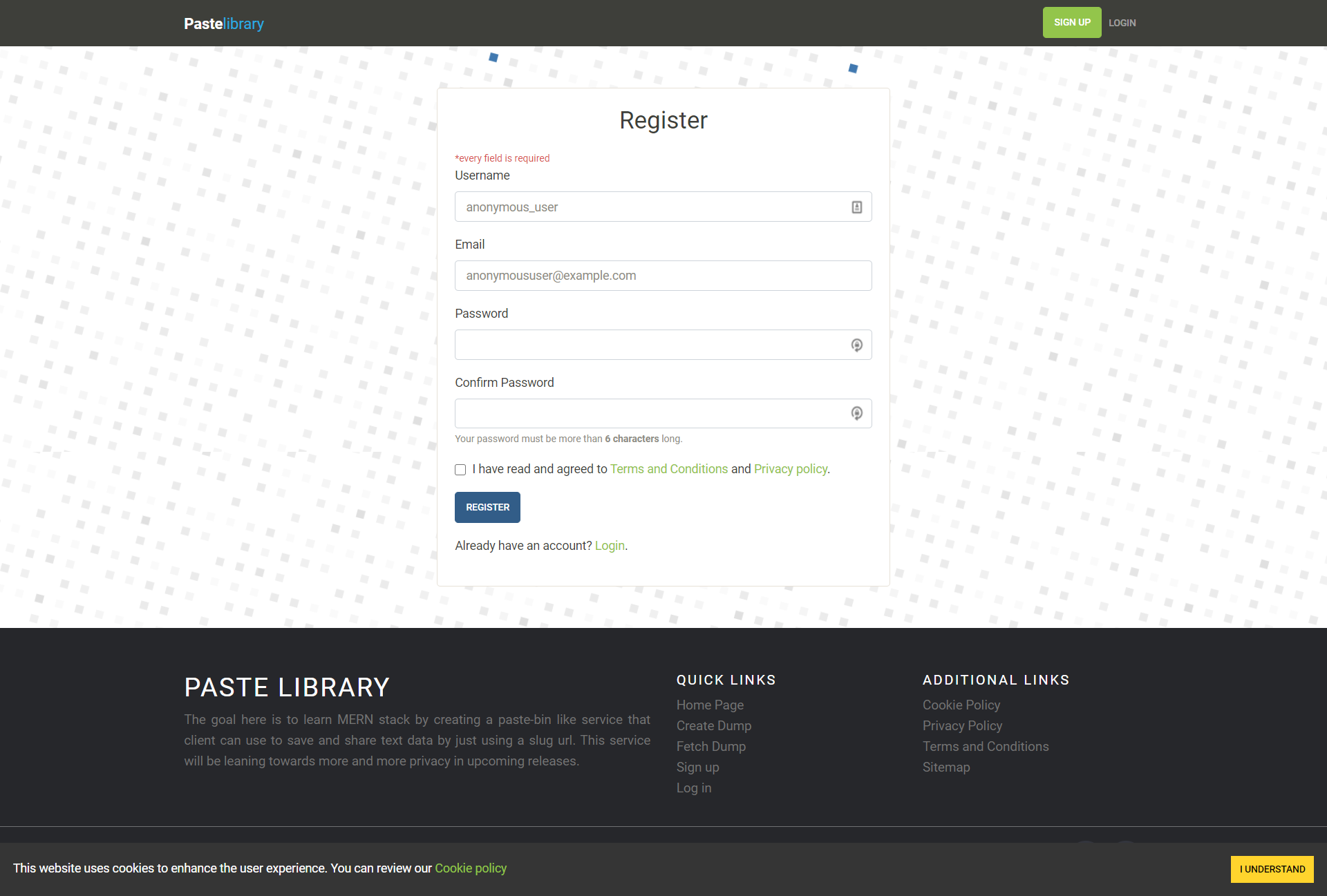 screenshot of login page