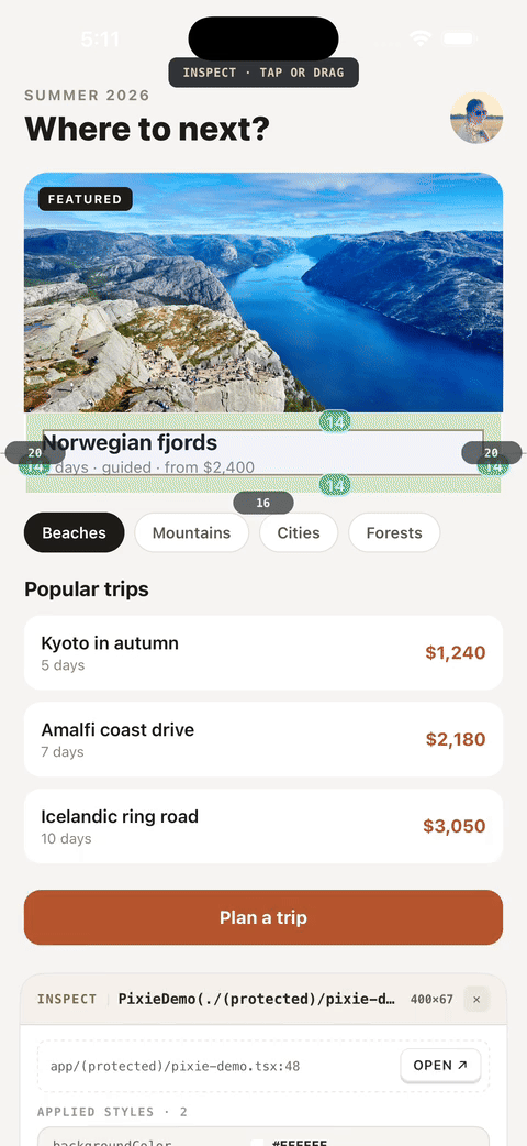 inspect and live edit — styles grid, drag-to-scrub values, A/B compare