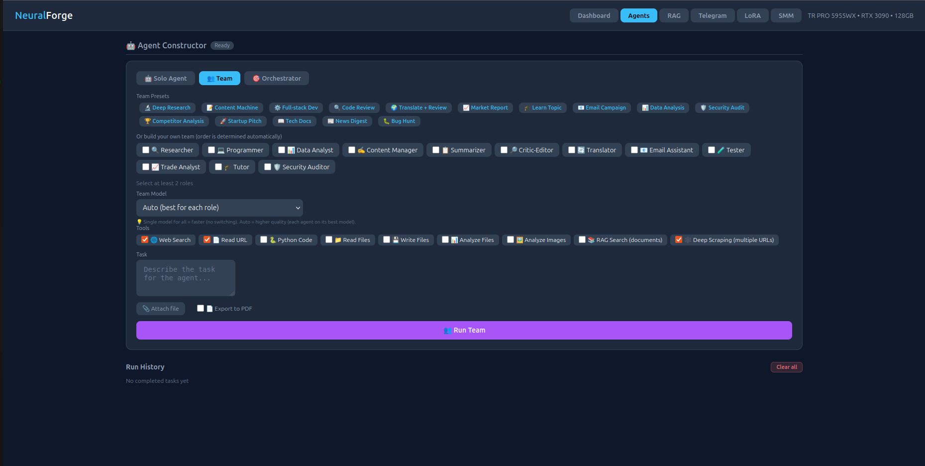 NeuralForge Agent Constructor — 13 roles, team presets, tools