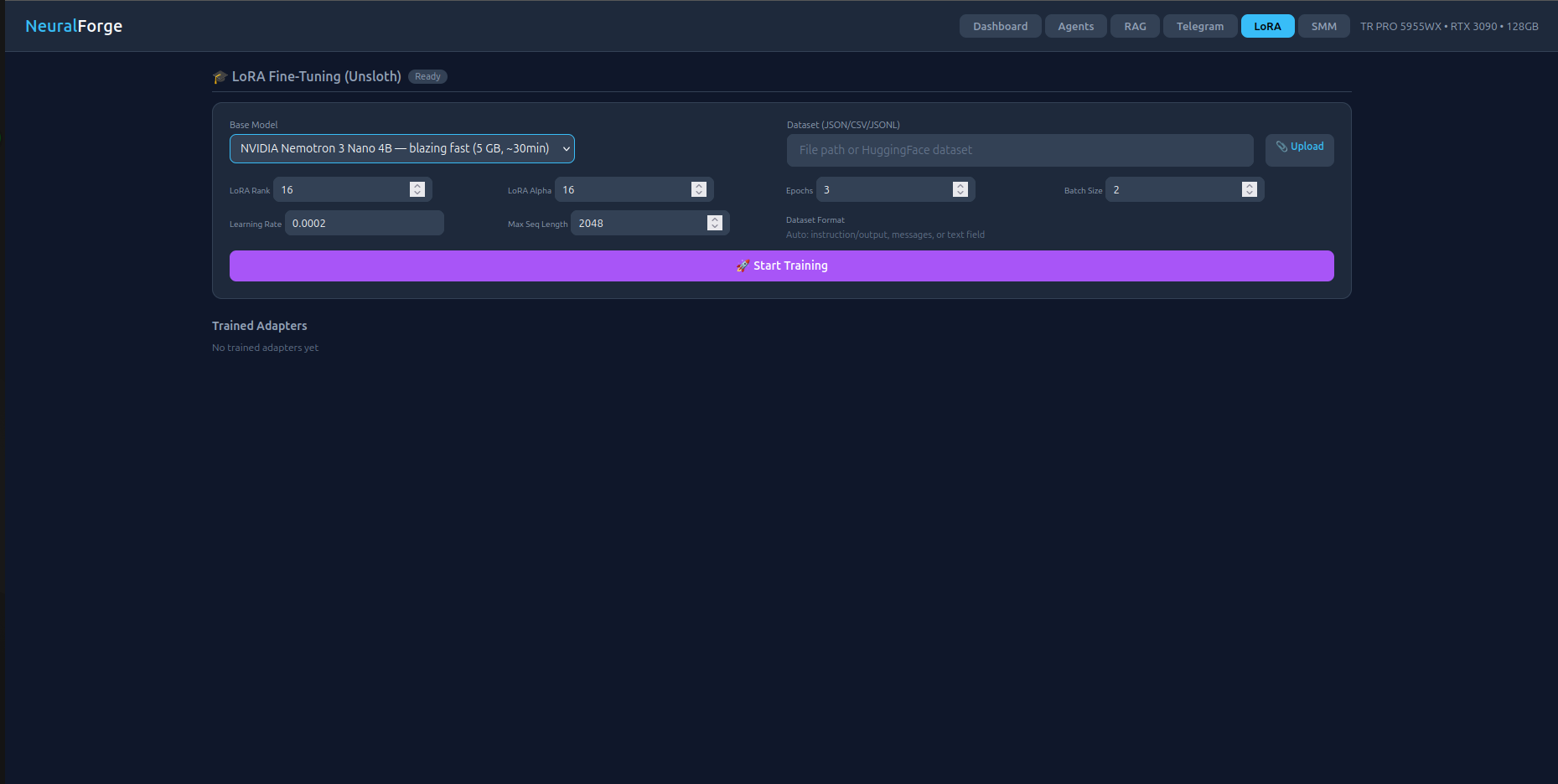 NeuralForge LoRA — fine-tune LLMs with Unsloth