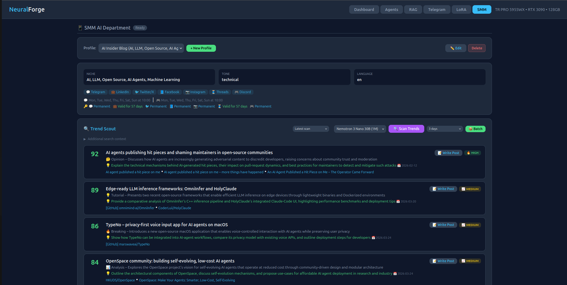 NeuralForge SMM — trend scout, 7 platforms, AI post generation