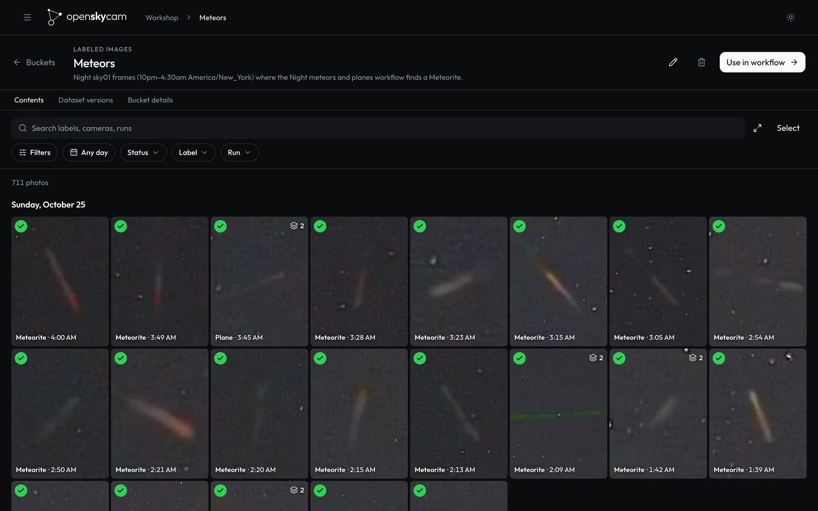 A grid of meteor detections in the Meteors bucket