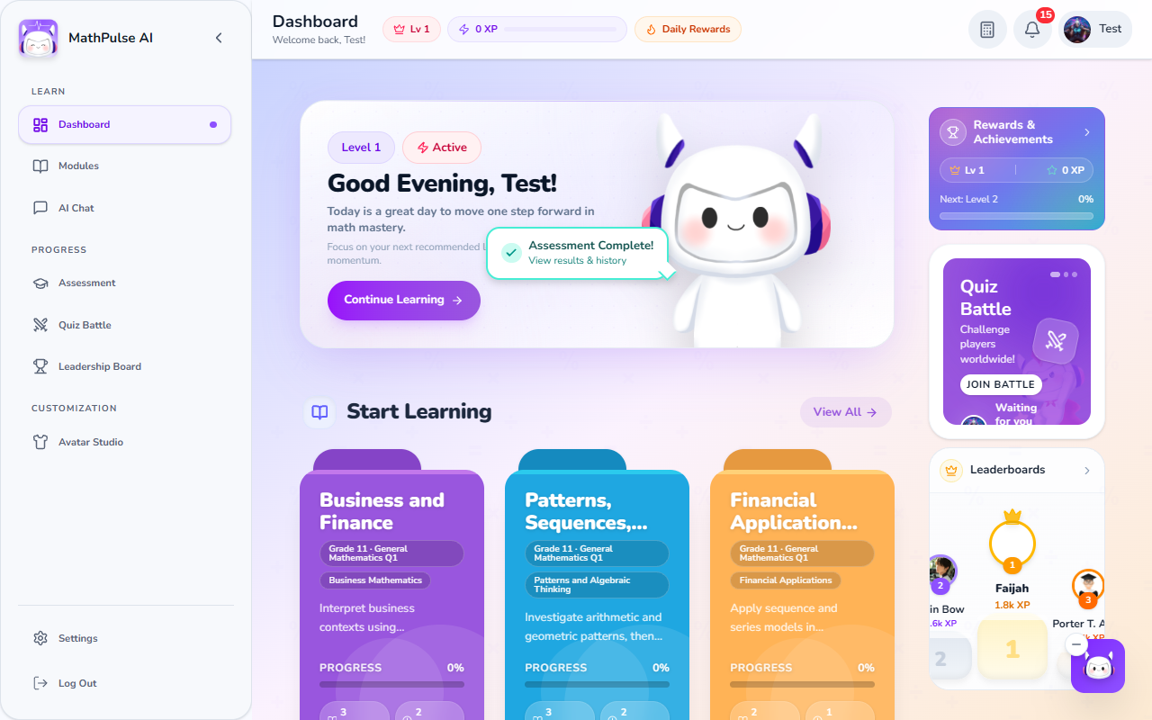 MathPulse AI student dashboard