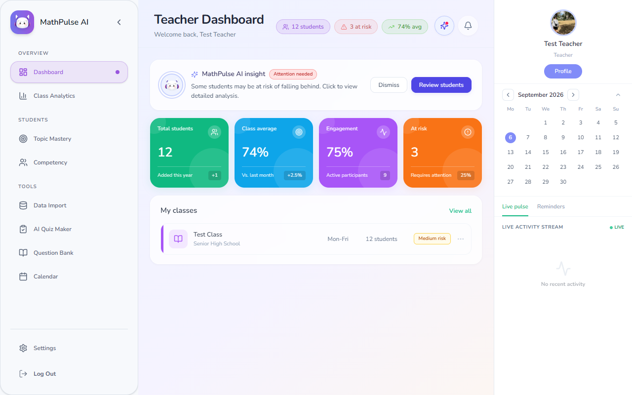 Teacher dashboard with class stats and AI insight