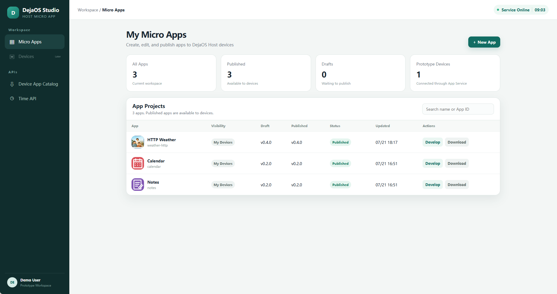 DejaOS Host micro-app management page