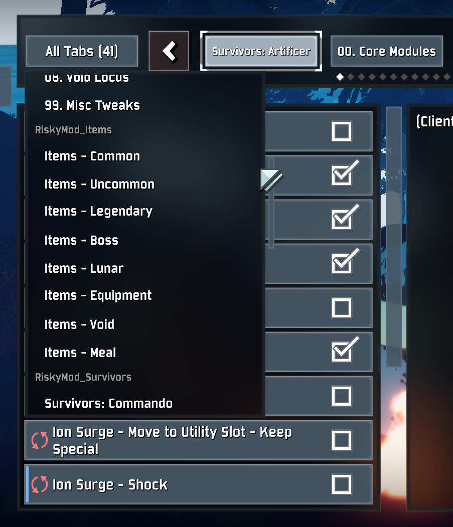 The All Tabs picker open on RiskyMod, grouped by config file