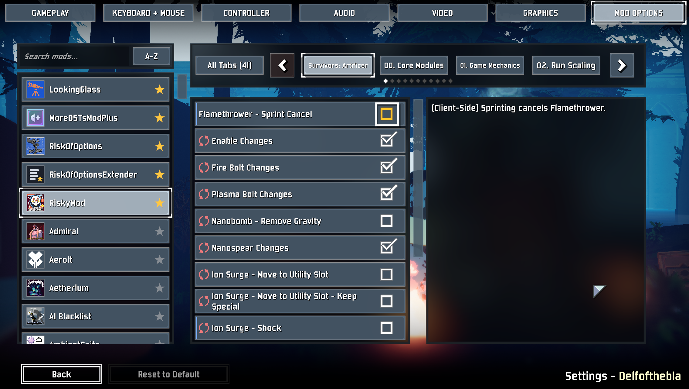 The Mod Options menu with pinned mods, the All Tabs bar and a filled-in mod page