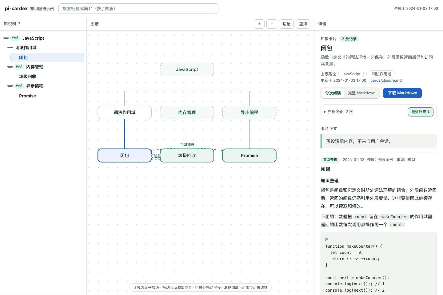 pi-ask 示例：三级知识树、语义关联和 Markdown 卡片