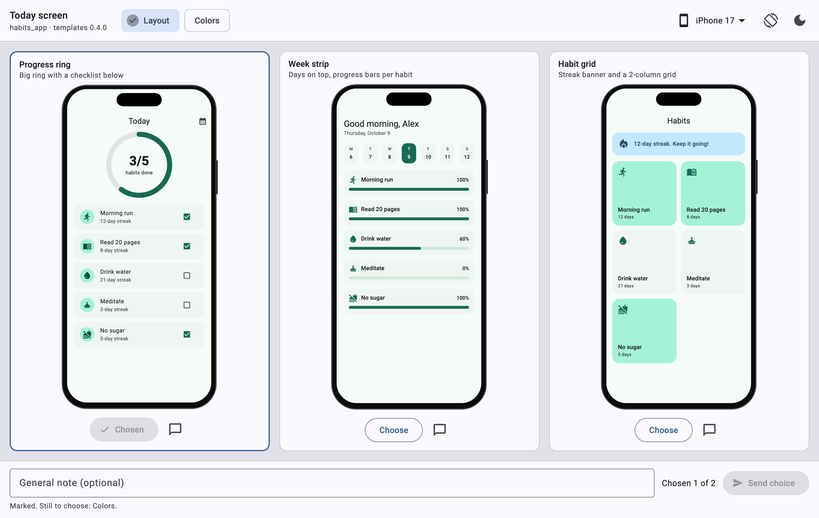Three layout variants of a "Today" screen side by side in iPhone 17 frames