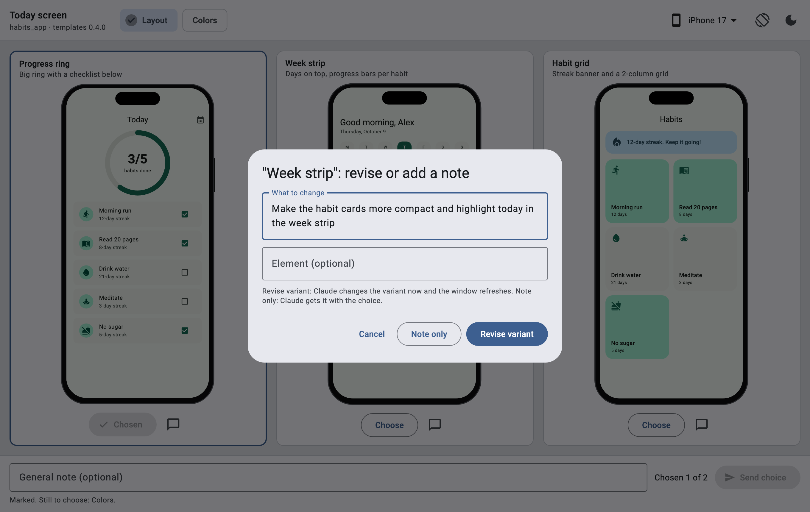 The revise dialog on a variant