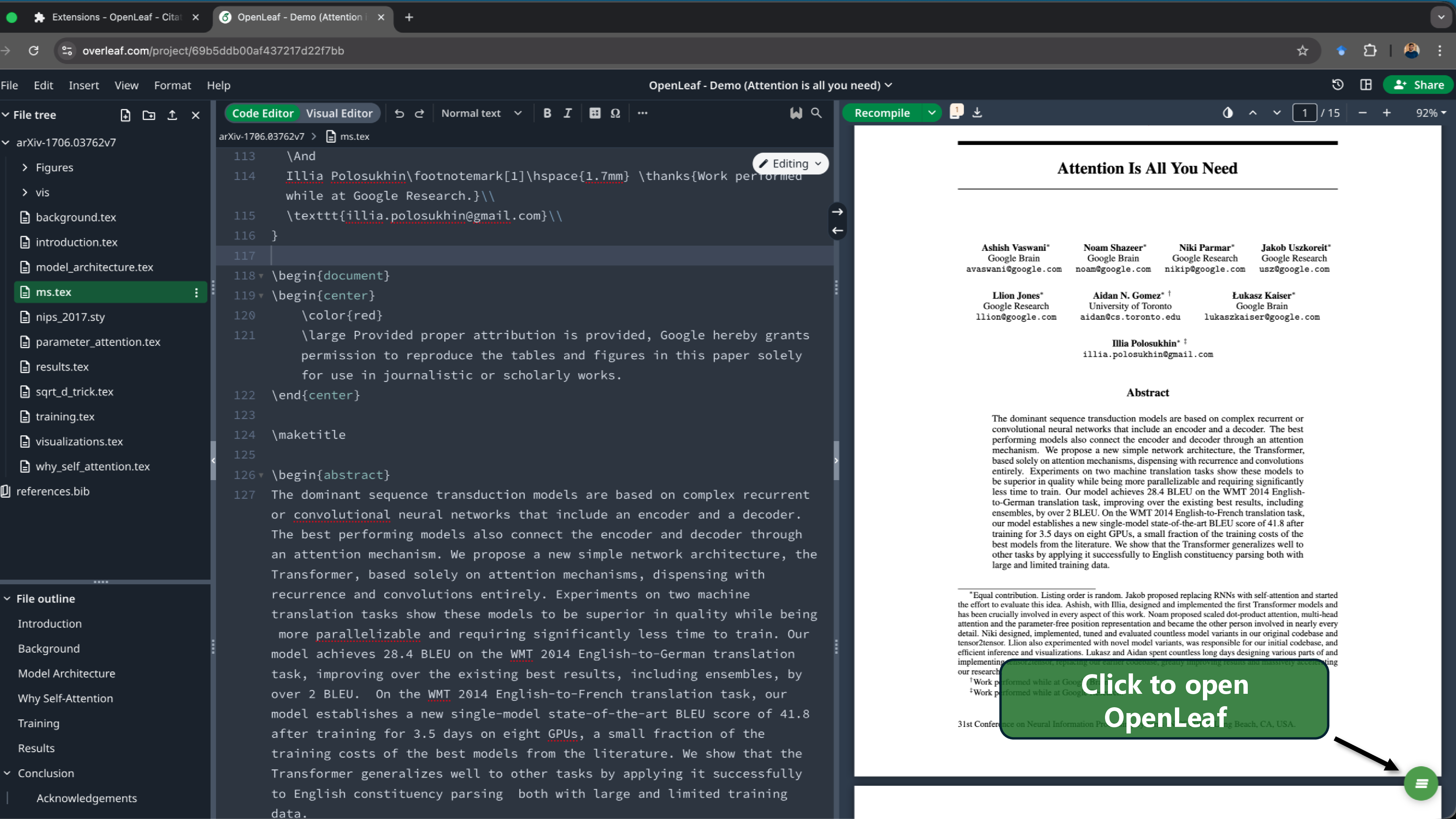 Editor with OpenLeaf button