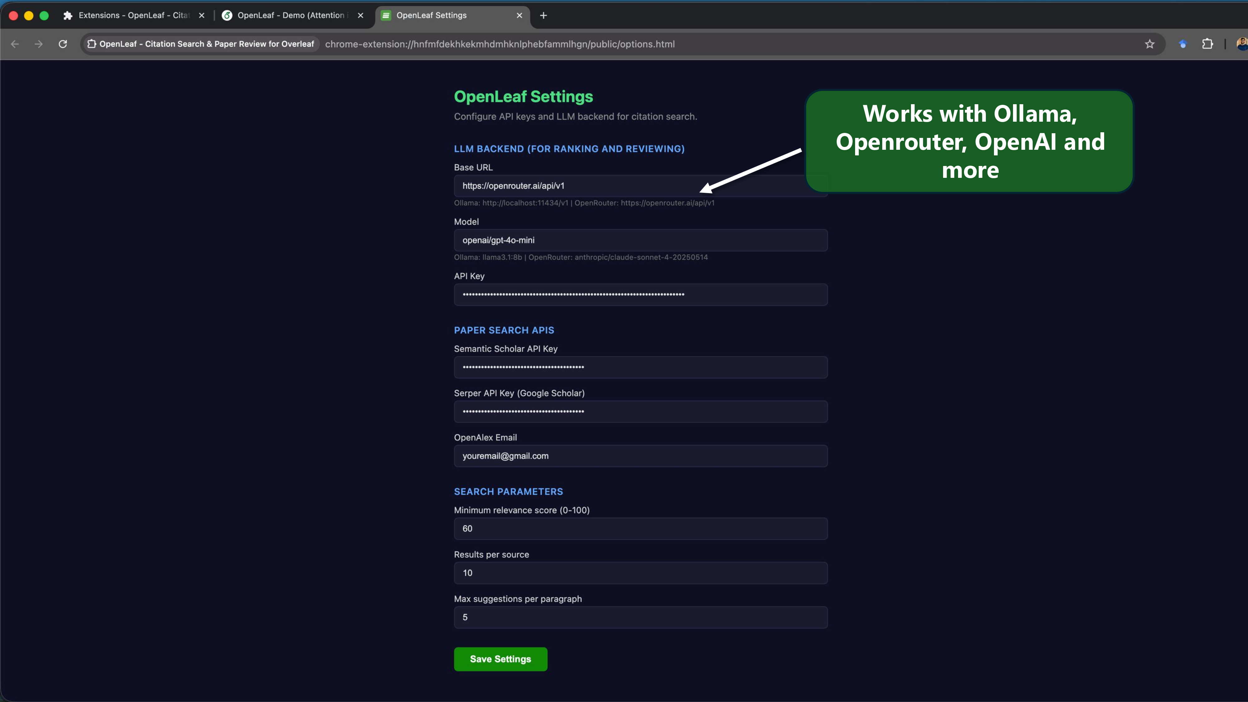 Options page