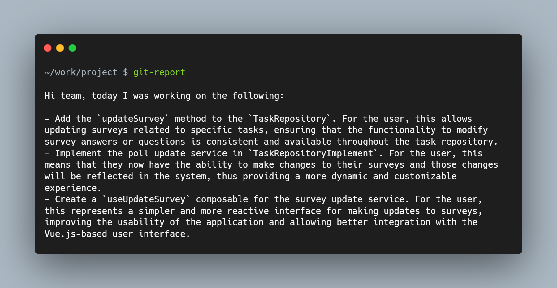 Console running the git-report command and getting an enumerated report of the changes made to the project.