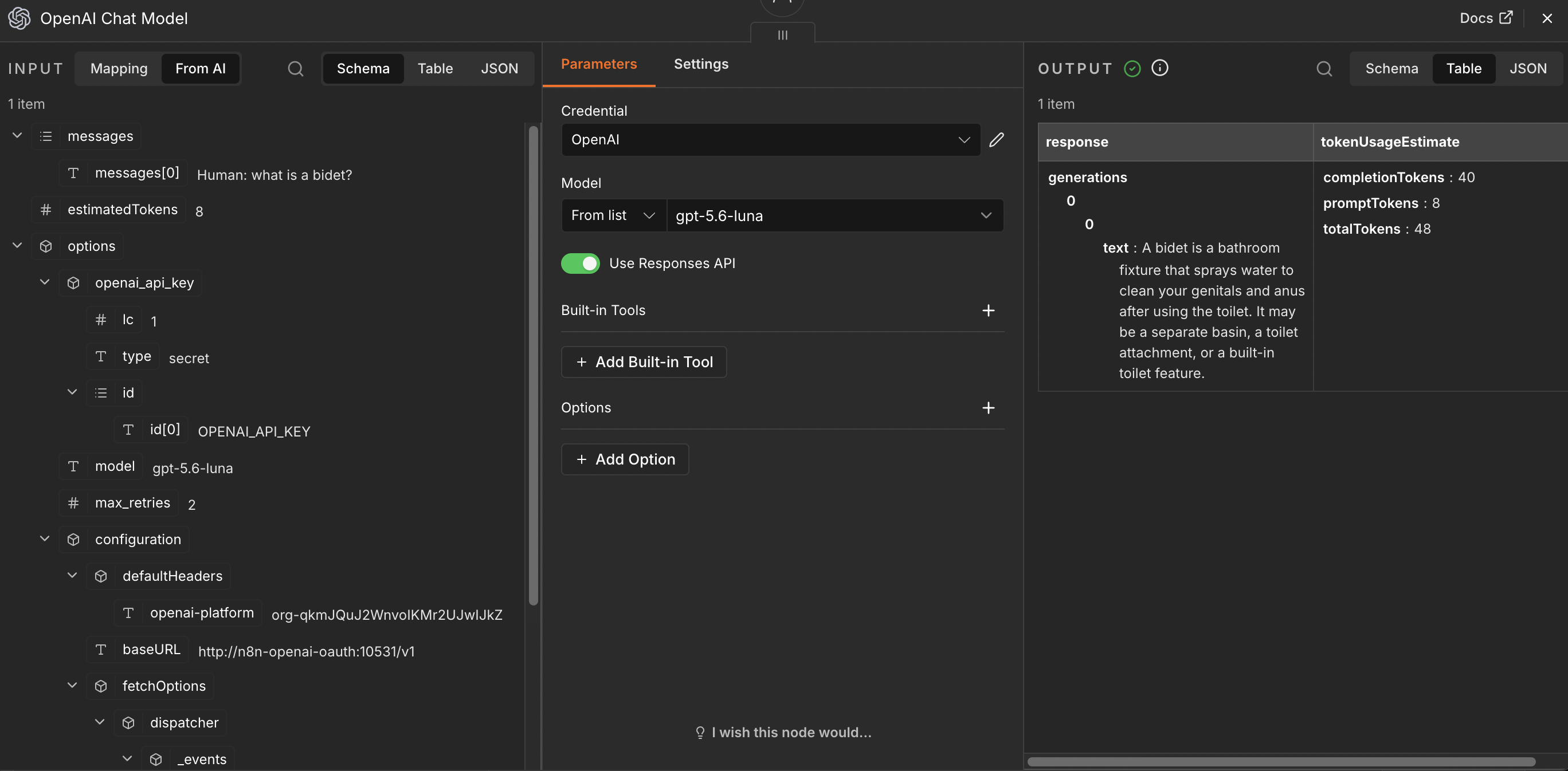 OpenAI Chat Model configured with gpt-5.6-luna and a successful output