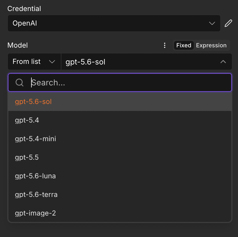 Model selector listing GPT-5.6 Sol, Luna, and Terra model aliases