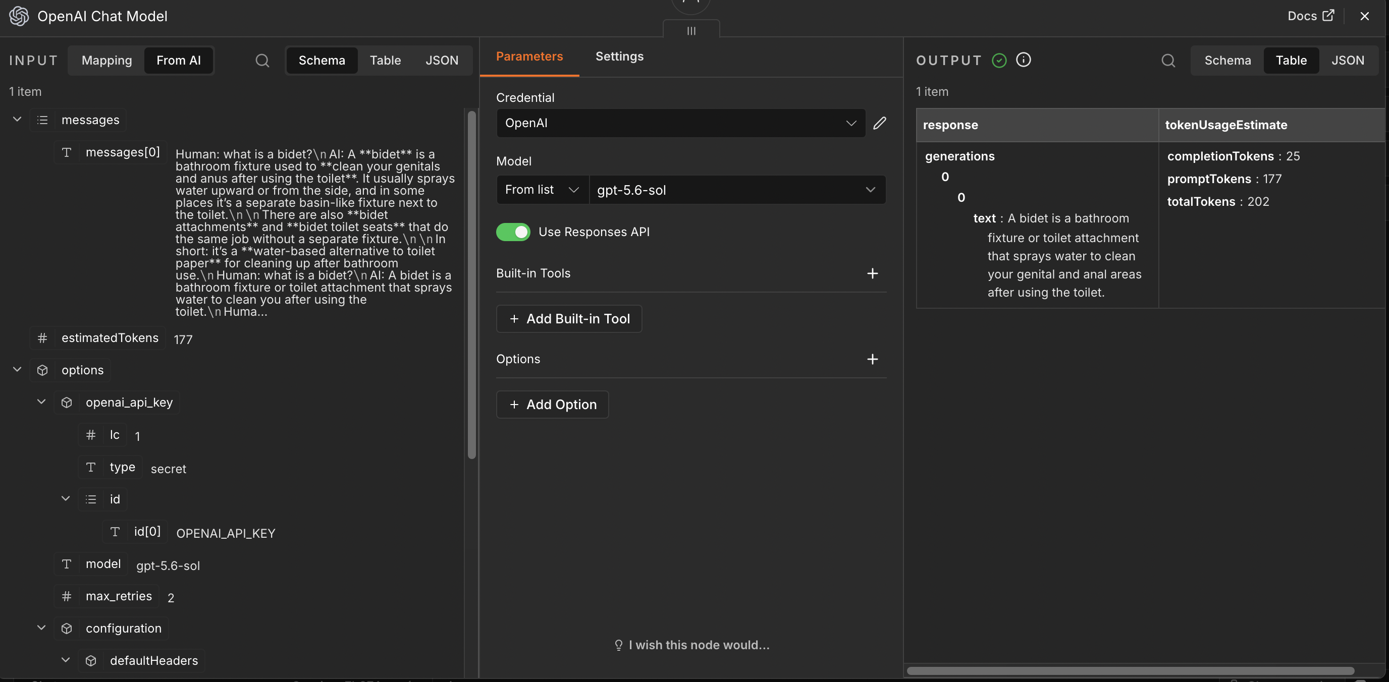 OpenAI Chat Model configured with gpt-5.6-sol and a successful output