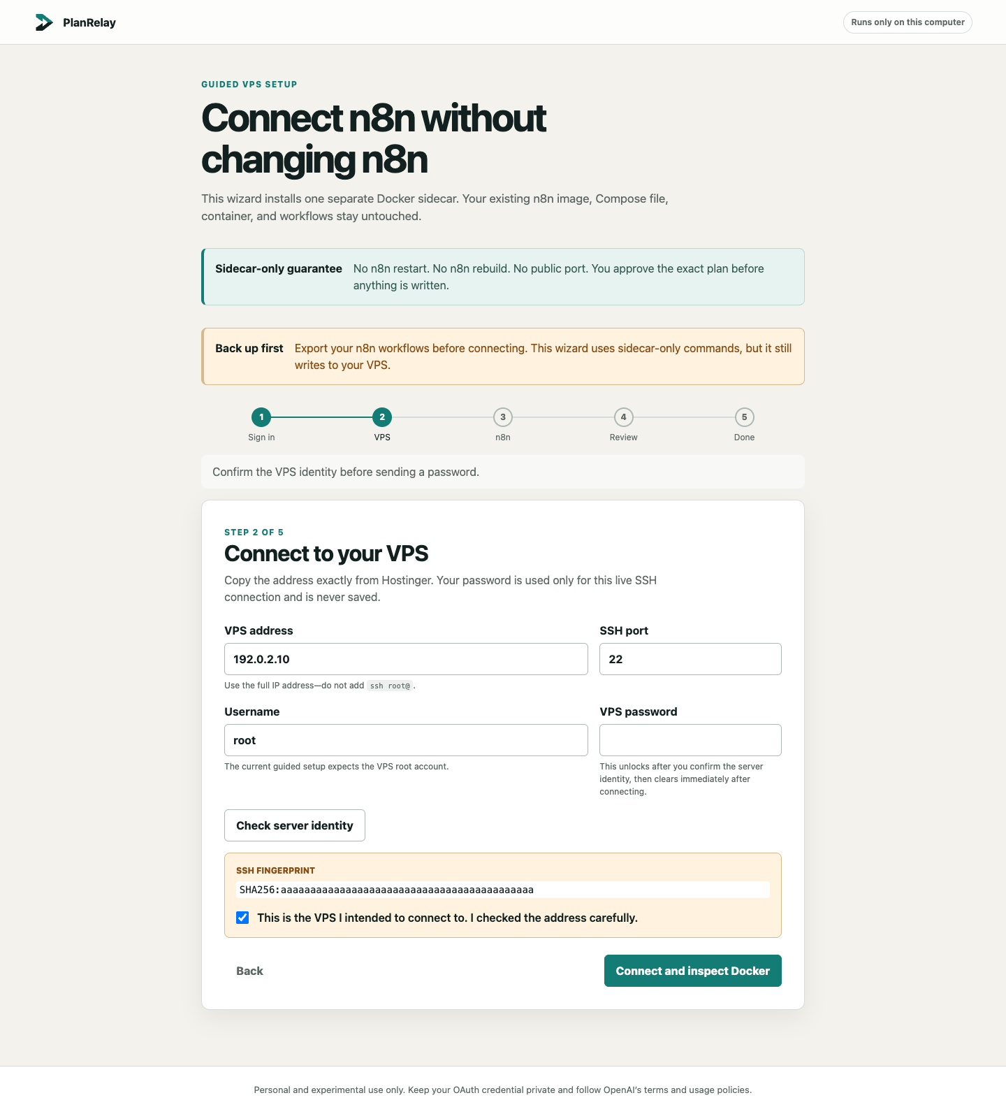 Step 2: sanitized VPS address and SSH fingerprint confirmation