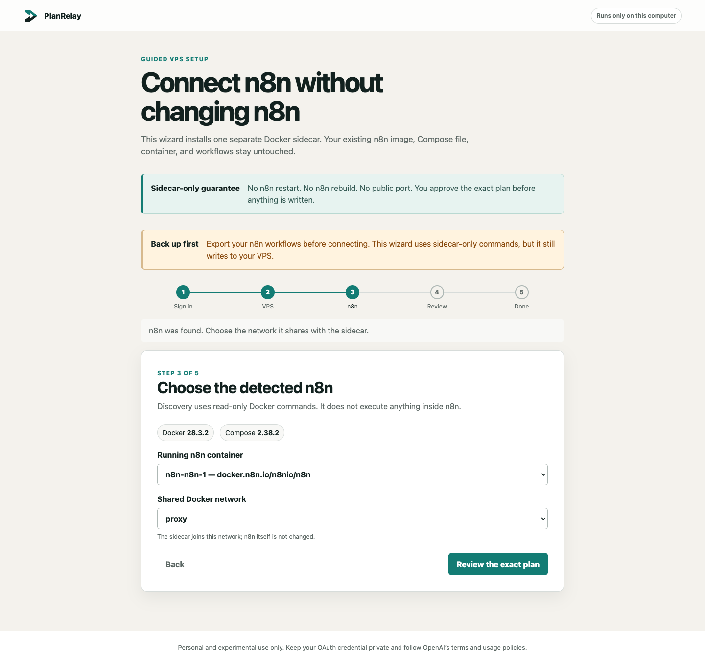 Step 3: sanitized n8n container and Docker network discovery