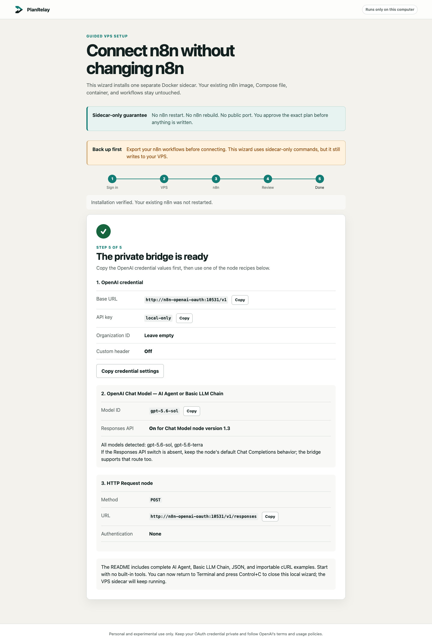 Step 5: verified private bridge and n8n credential values